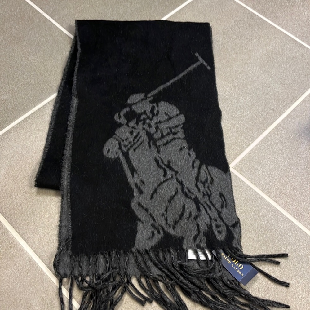 Polo Ralph Lauren Player logo made in Italy Wool winter scarf new black grey